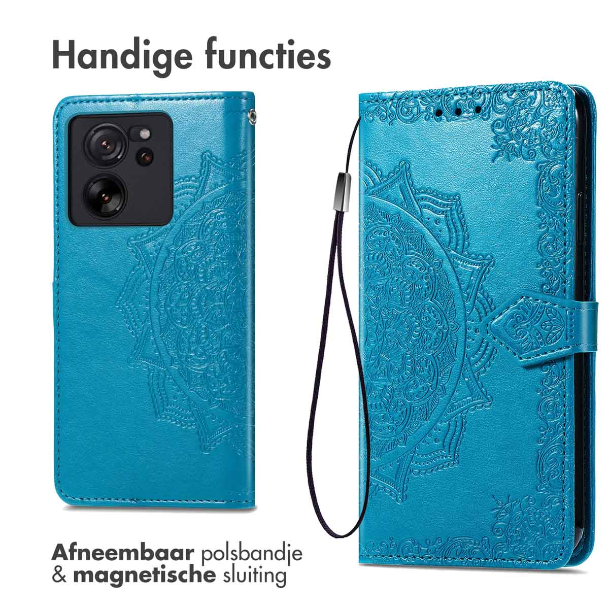 Twee turkooizen telefoonhoesjes, één open. De open hoes toont een mandala-ontwerp.