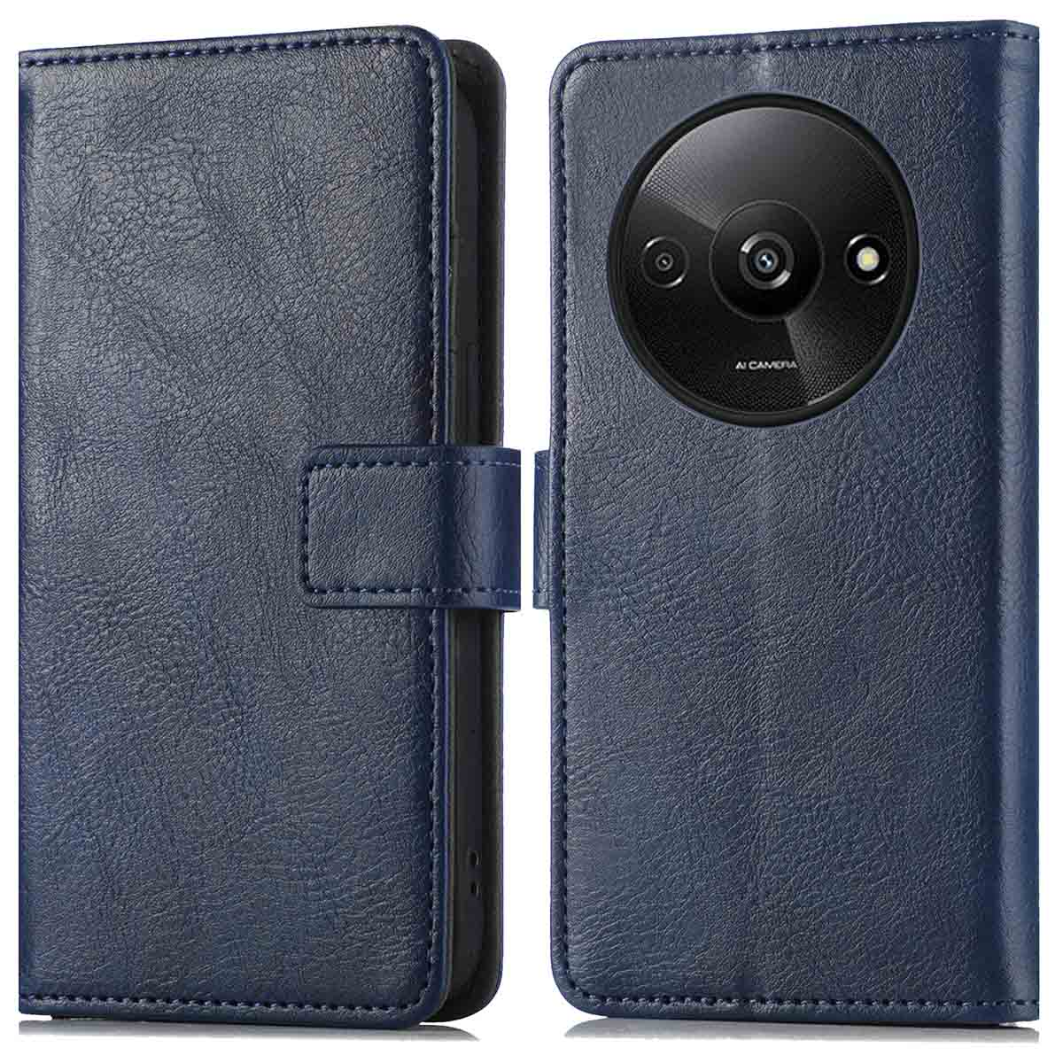 Blauwe folio telefoonhoes, open om de telefoon te onthullen. De camera-opstelling tonen.