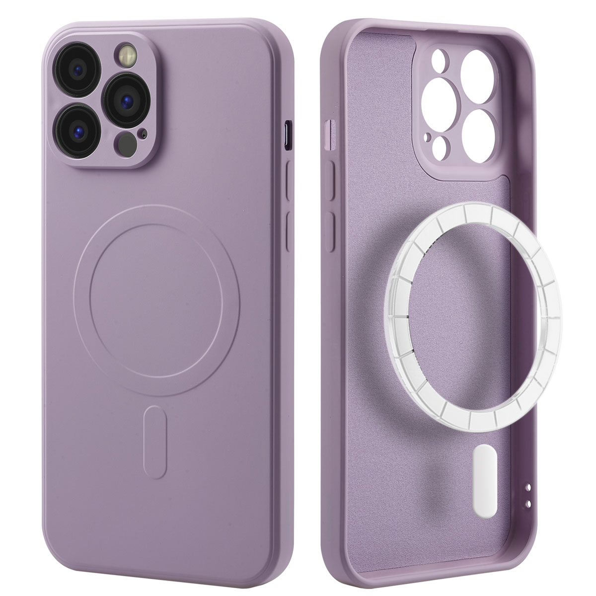 Coque de téléphone lilas. Un côté montre la caméra, l'autre l'intérieur.