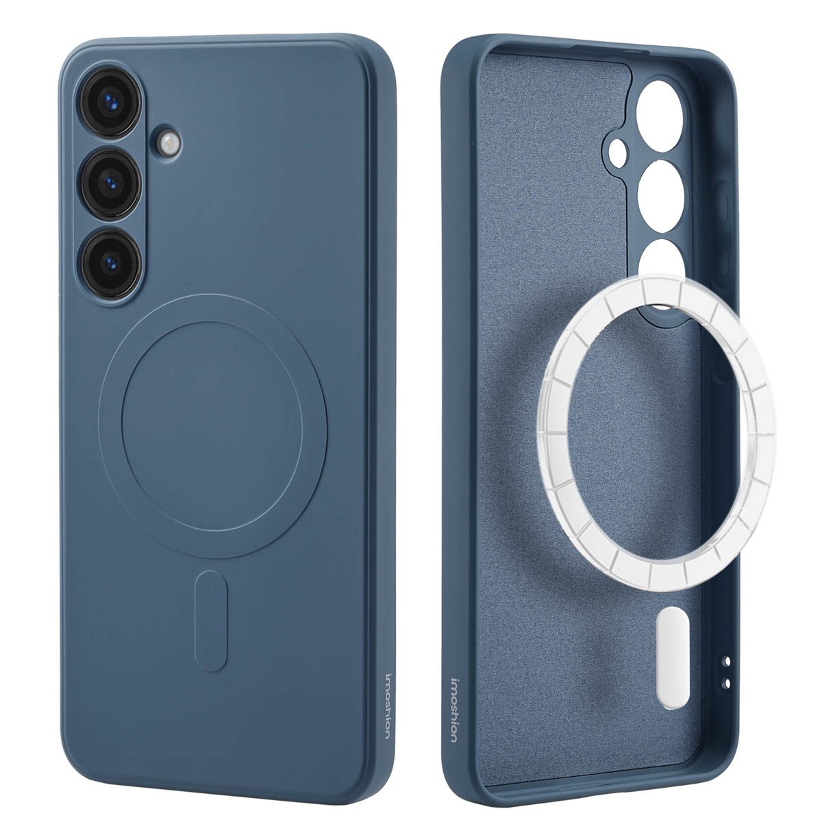 Twee blauwe telefoonhoesjes. Eén heeft een ring. De andere toont de binnenkant.