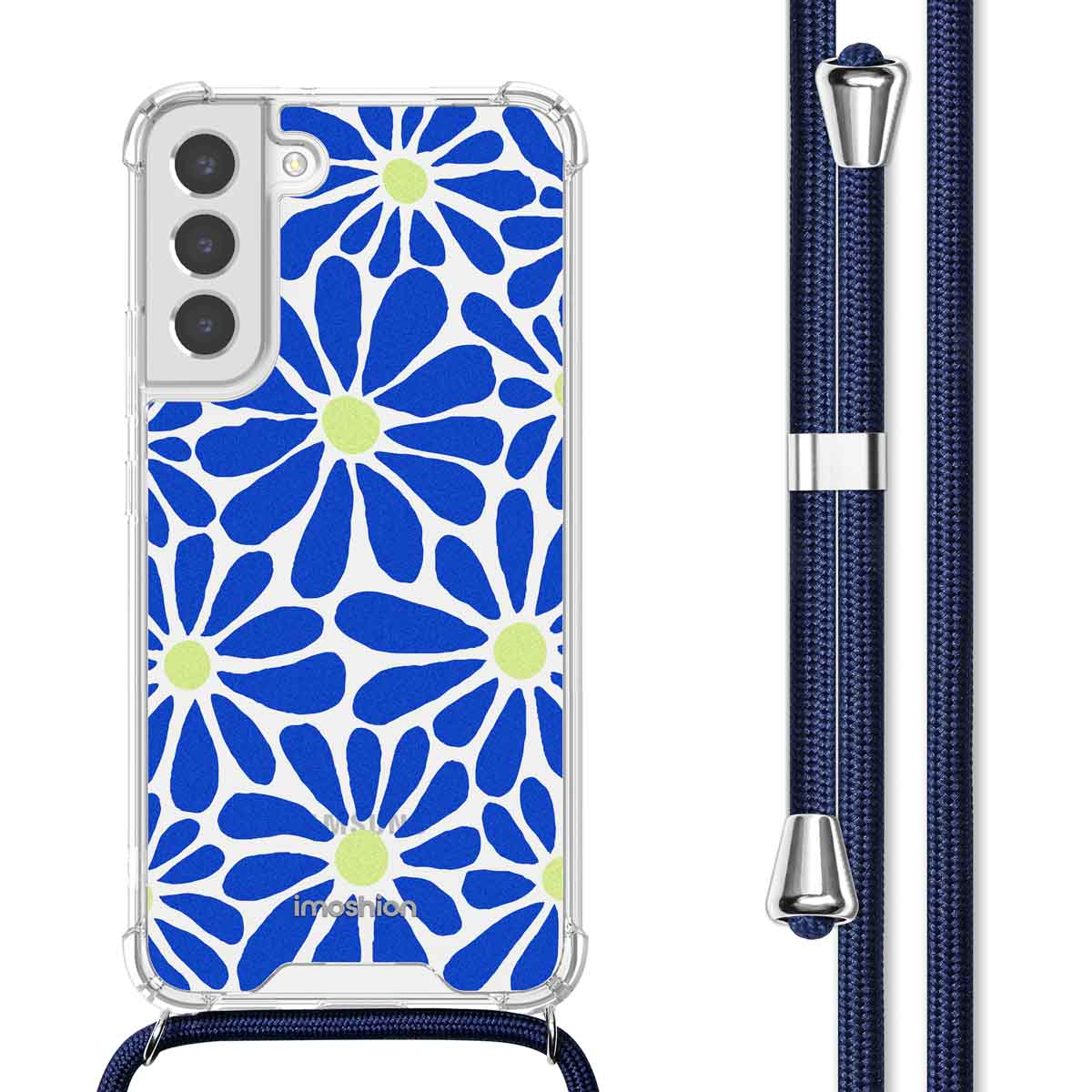 Blauwe bloemen telefoonhoes op witte achtergrond. De hoes is open. Een blauwe band is bevestigd.