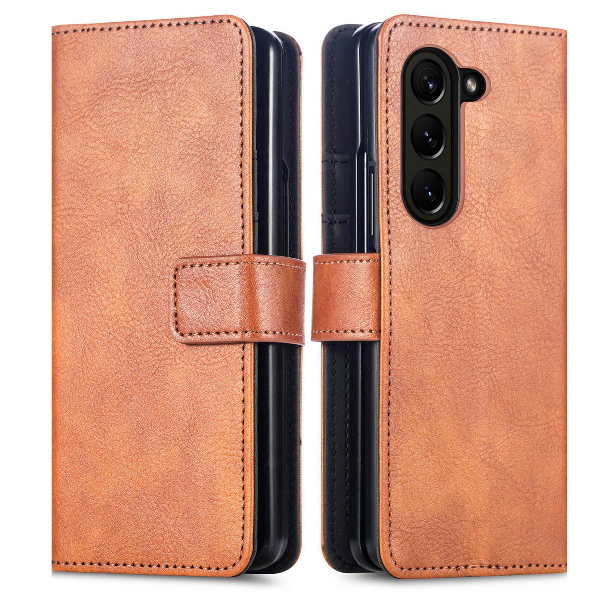 Bruine leren telefoonhoes, open en dicht. Telefoon zichtbaar. De hoes heeft een magnetische sluiting.