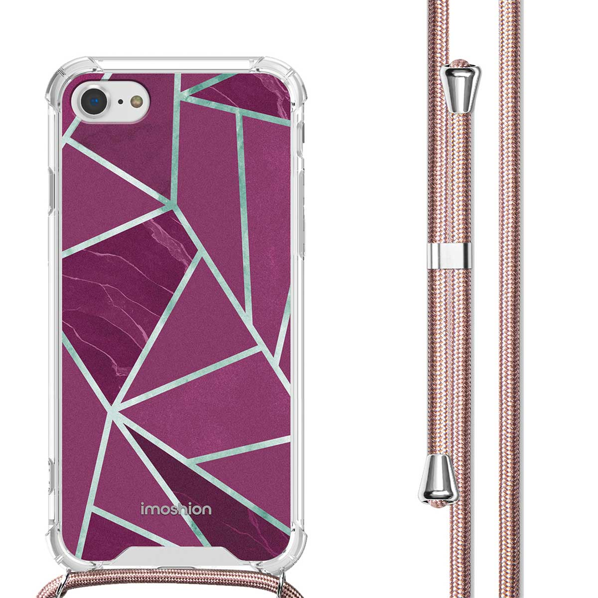 Transparant telefoonhoesje met een roze en blauwgroen geometrisch patroon. Een roze koord hangt rechts.