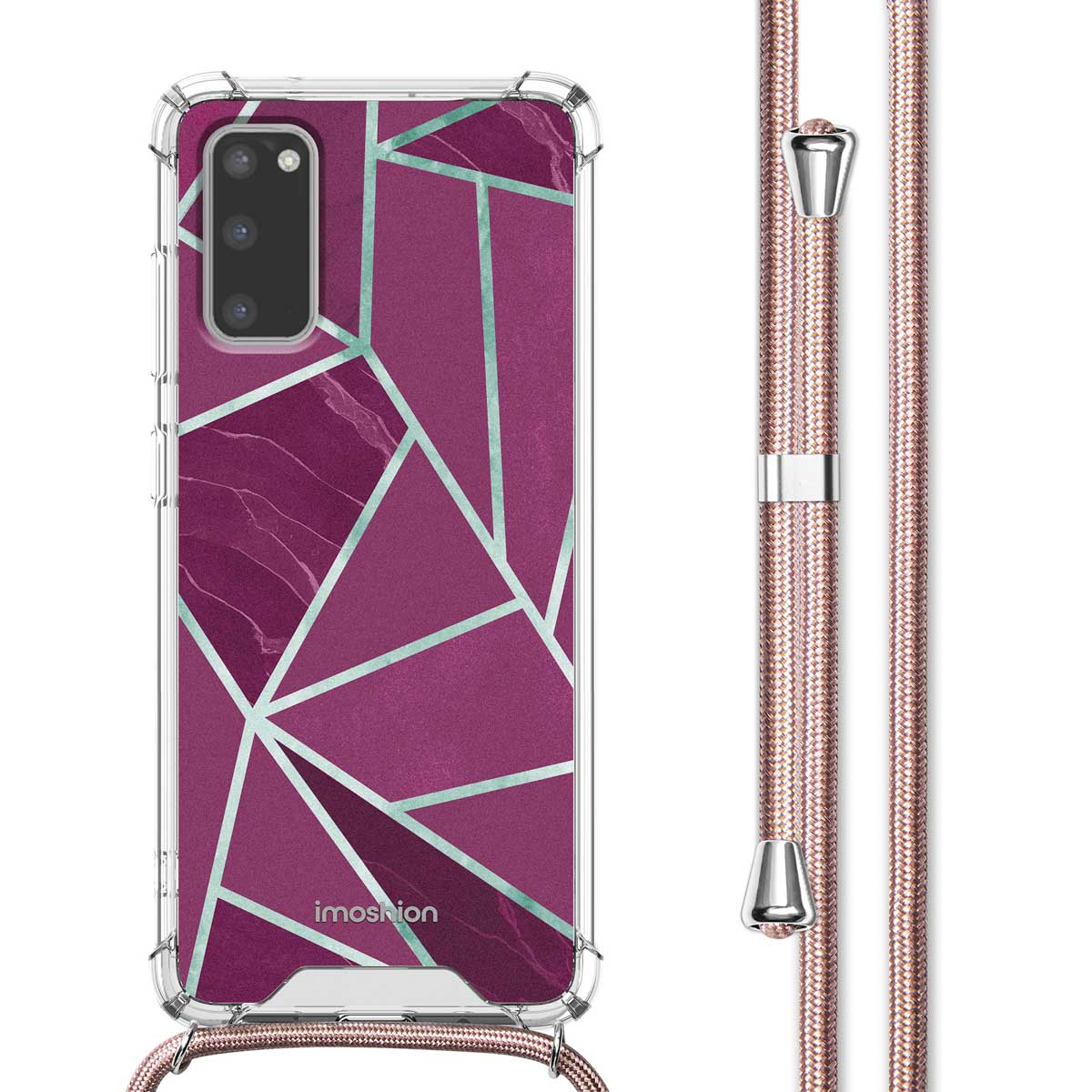 Telefoonhoesje met geometrisch ontwerp en koord. De hoes is paars en zilver.