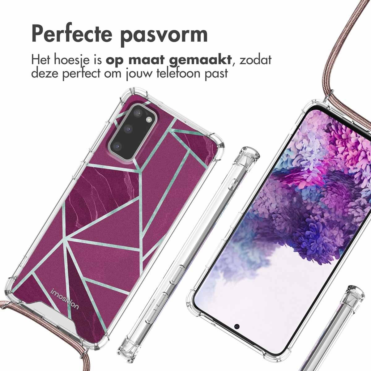 Telefoon in een doorzichtige hoes met een geometrisch ontwerp. Een roze en paars ontwerp is zichtbaar.