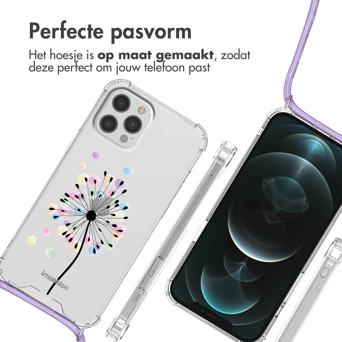 Coque de téléphone transparente avec un motif de pissenlit, un téléphone et une sangle. Texte : 'Perfecte pasvorm'.