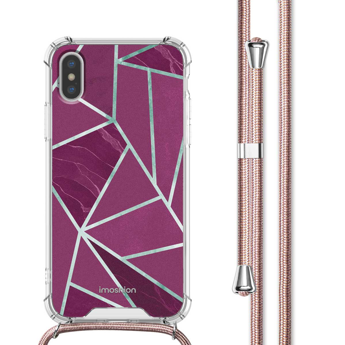 Paarse telefoonhoes met geometrisch design. De hoes zit aan een roze koord en heeft een heldere rand.