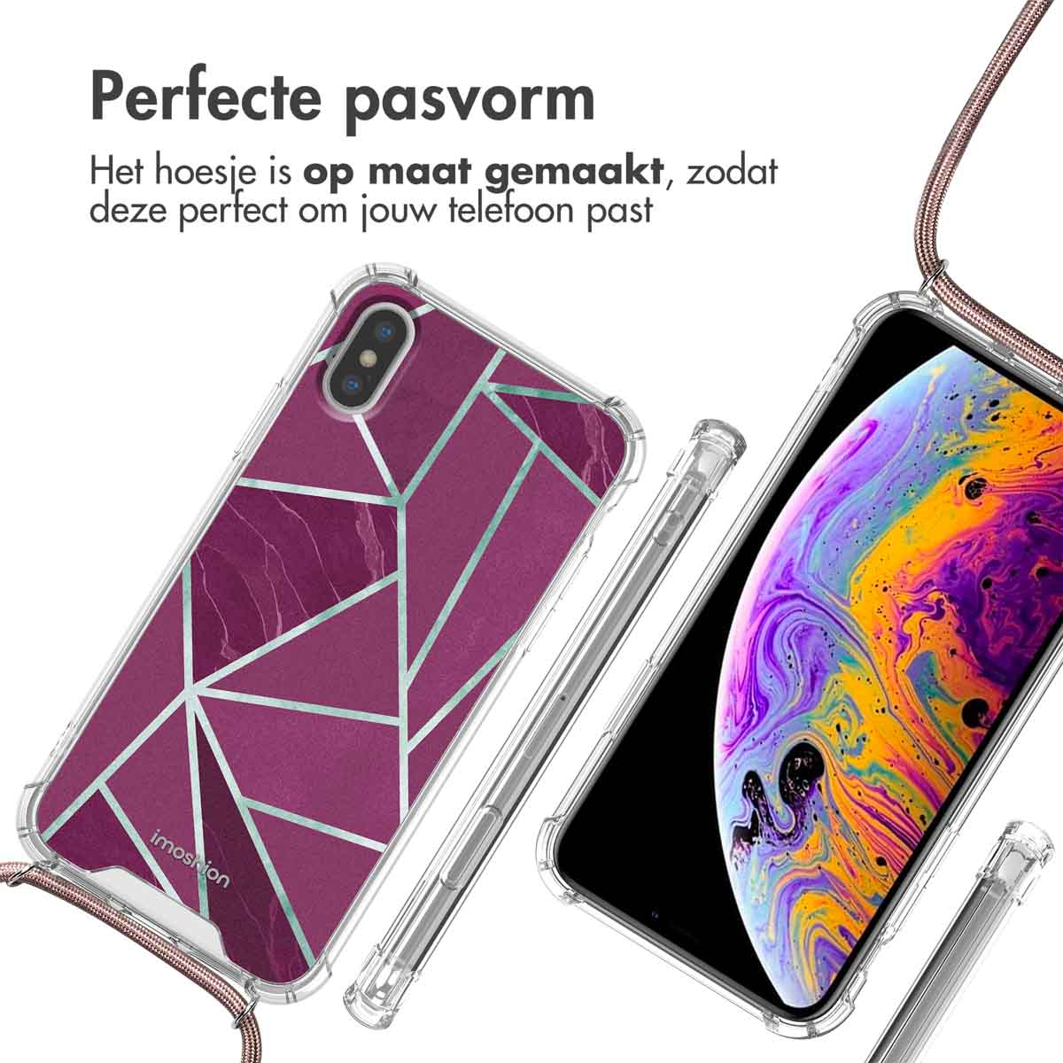 Transparante telefoonhoesjes met een geometrisch patroon en een telefoon.
