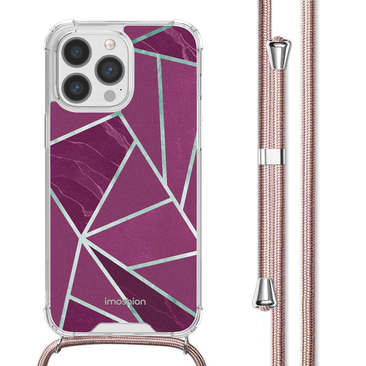 Coque de téléphone violette avec un design géométrique et une lanière en or rose sur un fond blanc.