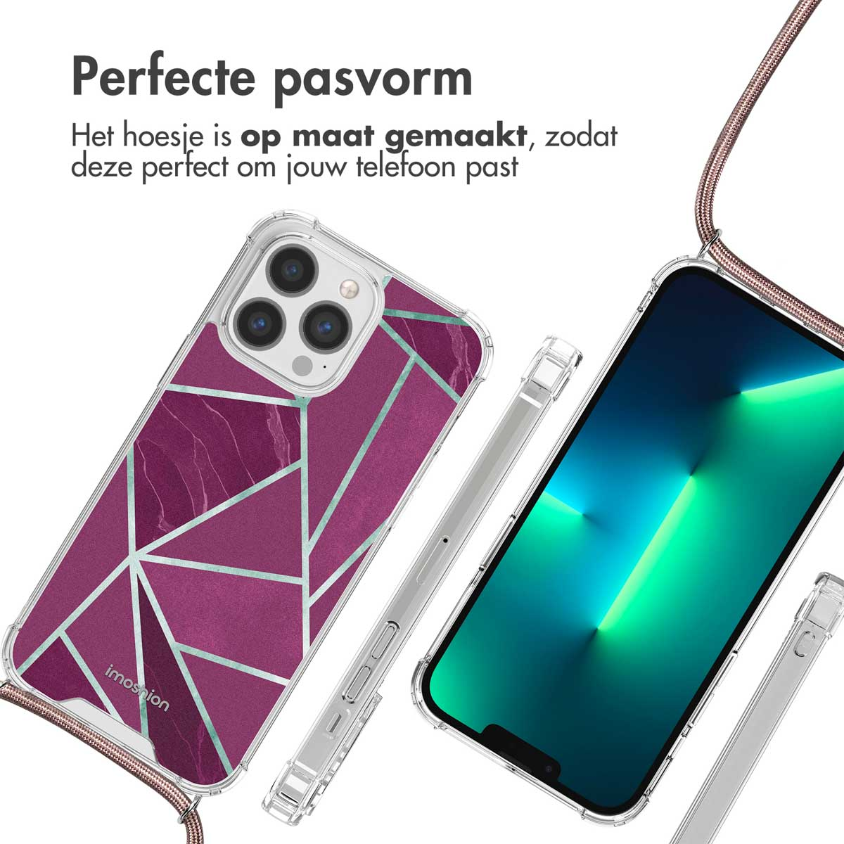Deux étuis de téléphone avec dos à motifs. Le texte dit : ajustement parfait.