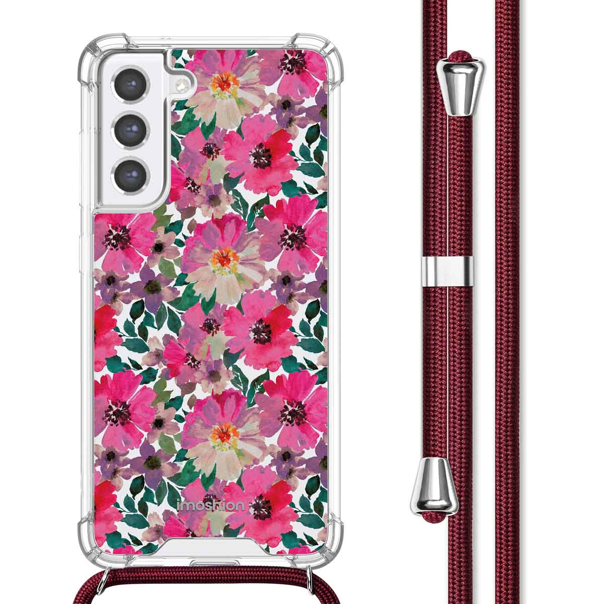 Telefoonhoesje met bloemenpatroon en bijpassende band. Rode en roze bloemen.