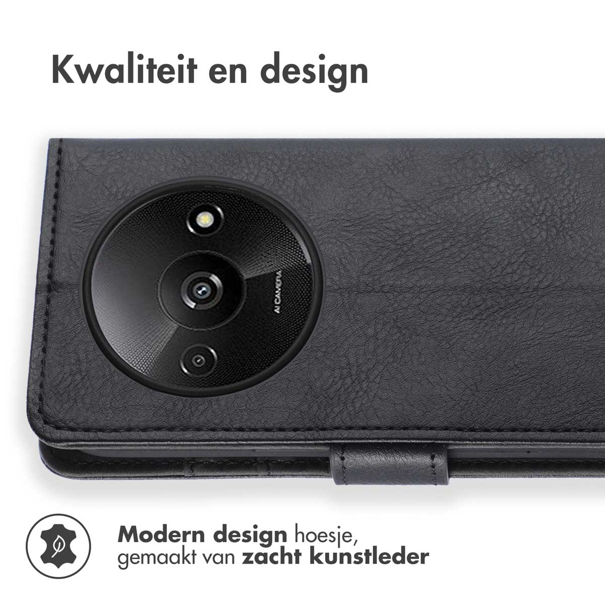 Een zwarte telefoonhoes met een camera en de tekst: Kwaliteit en design.