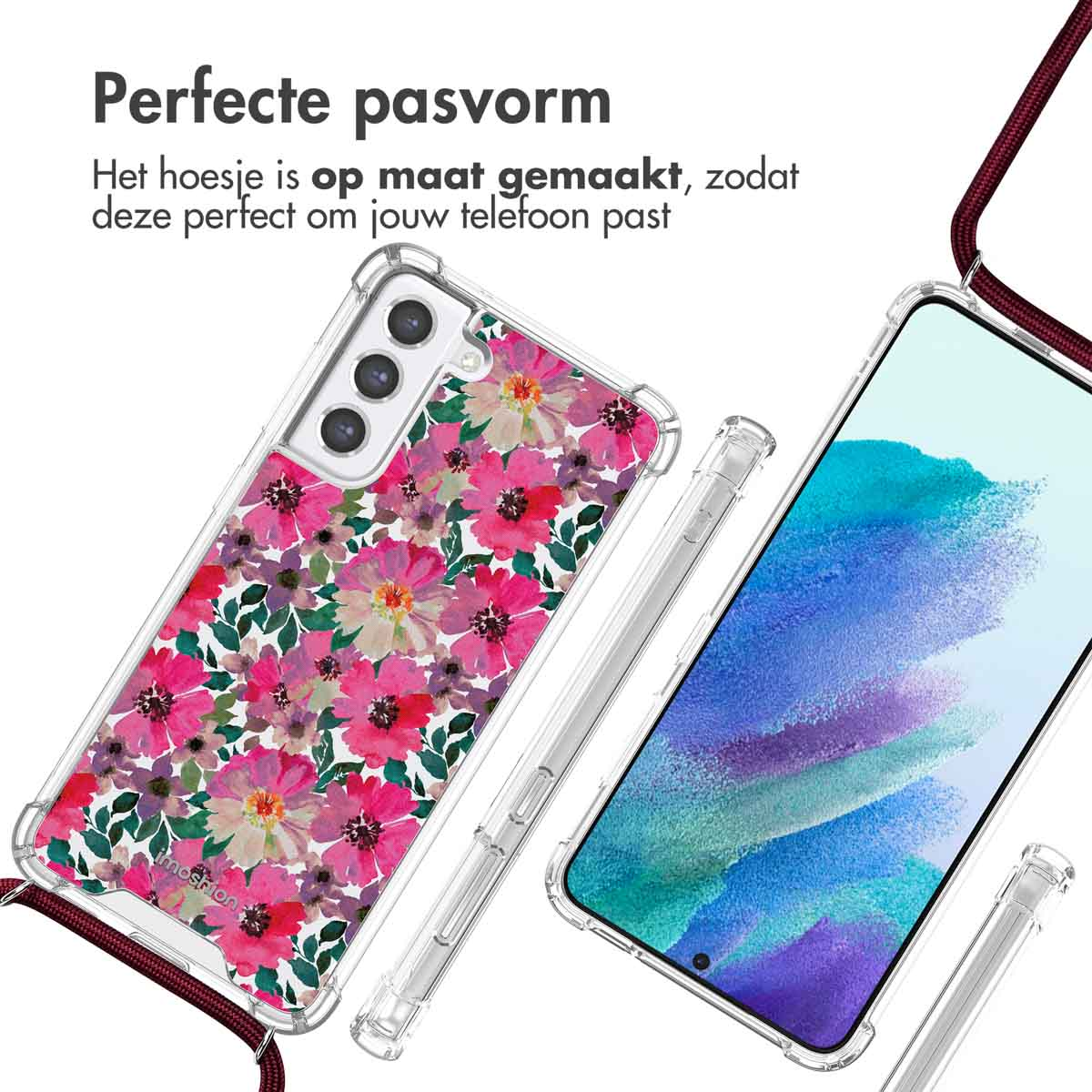 Telefoonhoesje met roze bloemen. Er ligt een telefoon naast. Er is ook een koord.