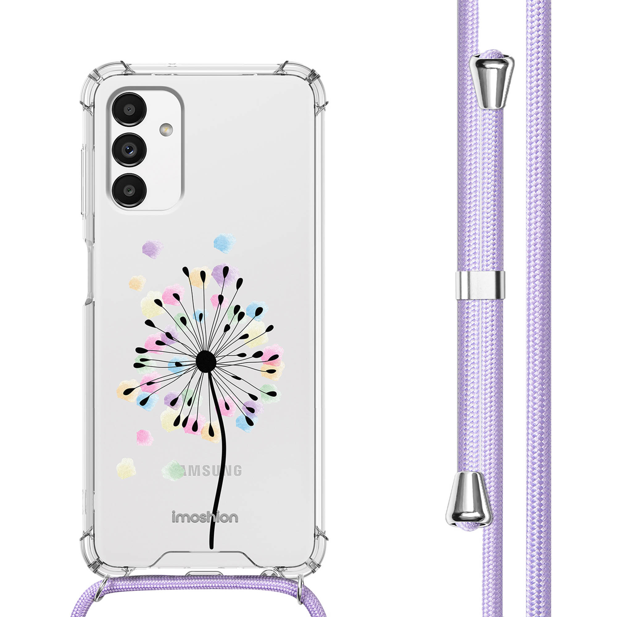 Coque de téléphone transparente avec téléphone et cordon. Design floral au dos.