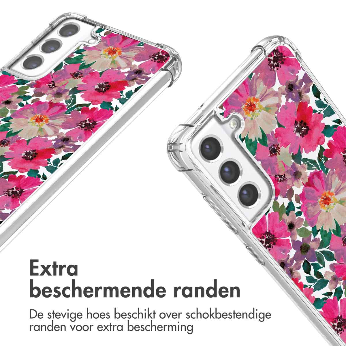 Twee telefoonhoesjes, bloemenpatroon op één. Tekst: Extra beschermende randen, extra beschermende randen.