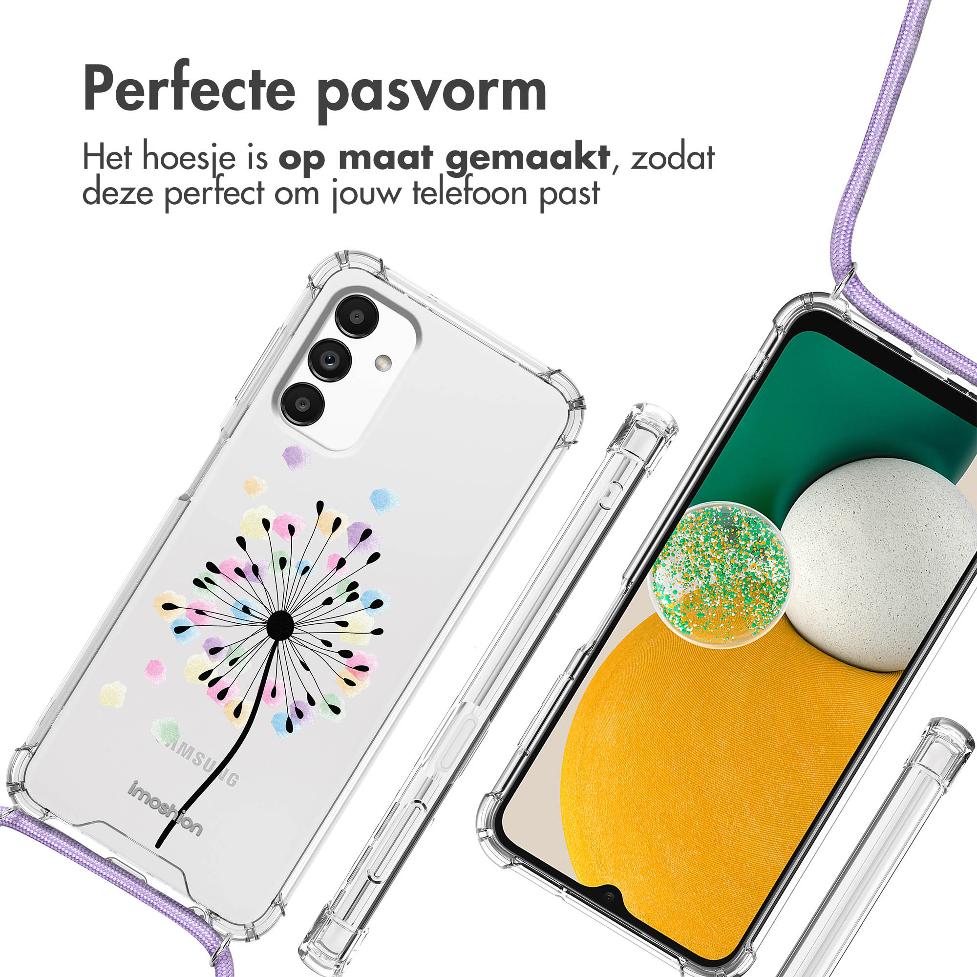 Deux étuis de téléphone transparents avec un motif de pissenlit sur fond blanc. Cordon violet.