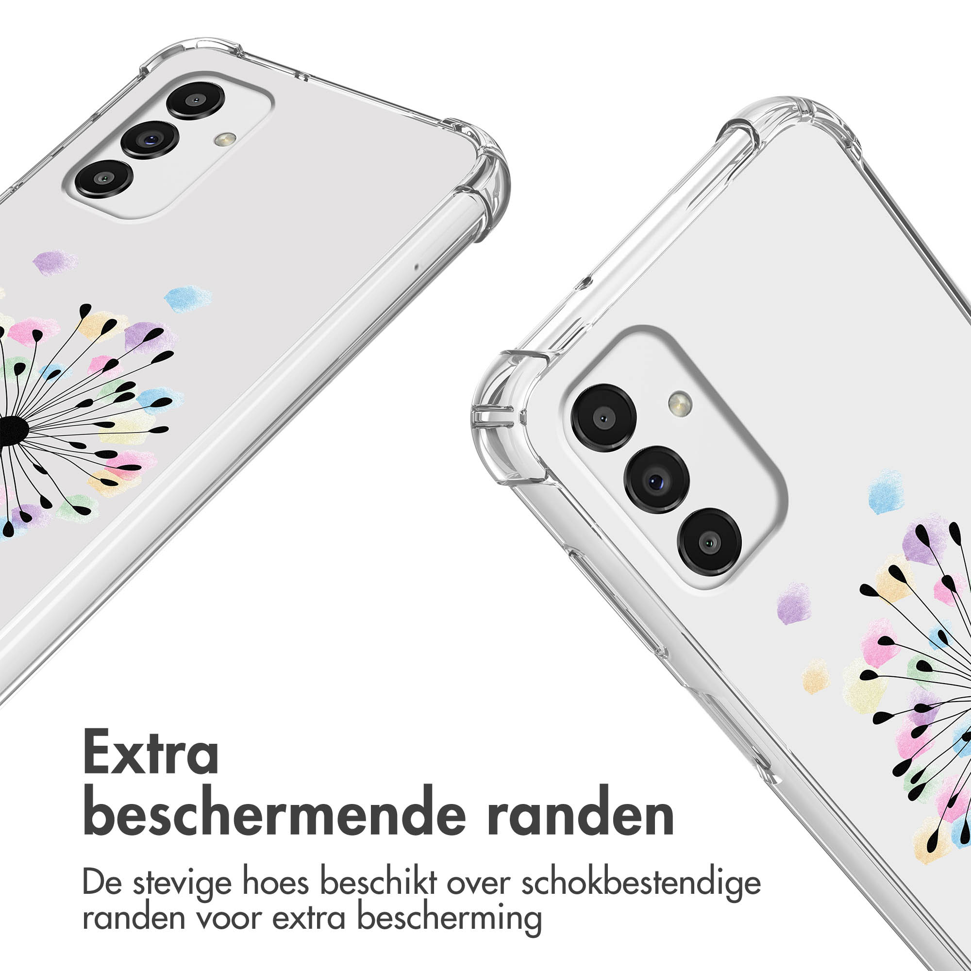 Coques de téléphone transparentes avec motif de pissenlit. Le texte dit : Bords protecteurs supplémentaires.