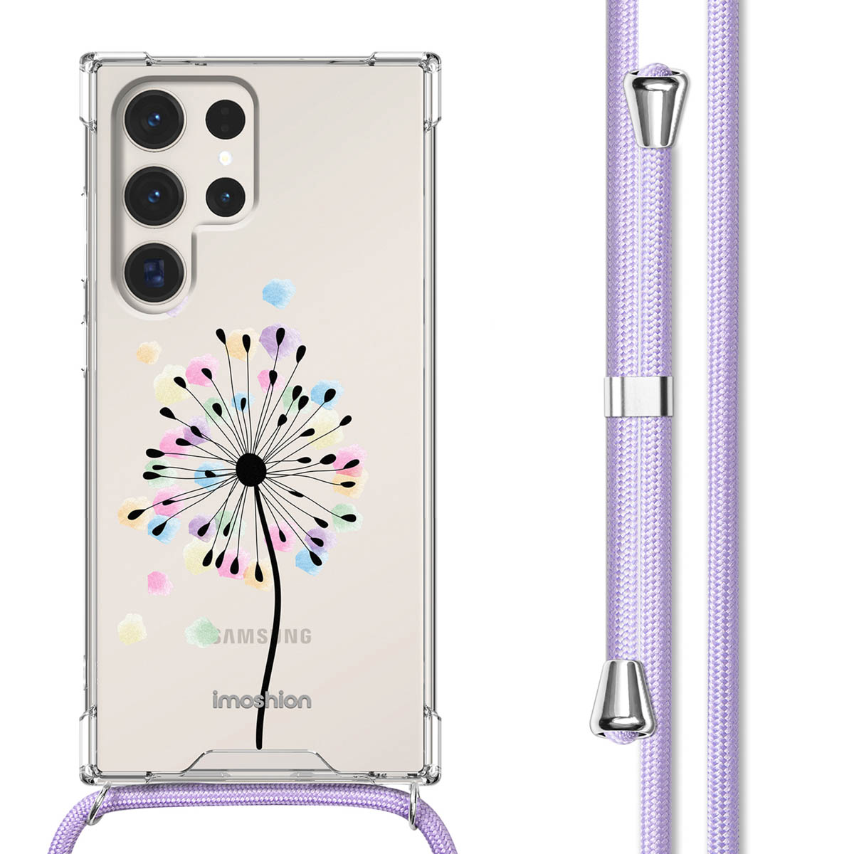 Transparante telefoonhoes met een kleurrijk paardebloemdesign en een paarse band.