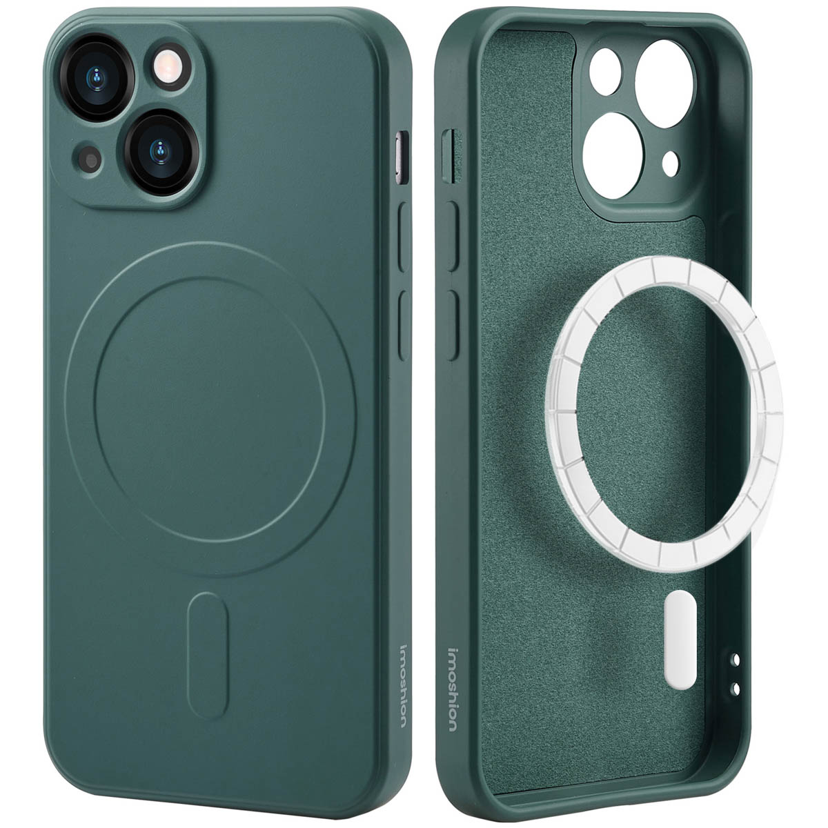 Deux vues d'une coque de téléphone vert d'eau. L'une montre l'arrière, l'autre l'intérieur avec un anneau MagSafe blanc.