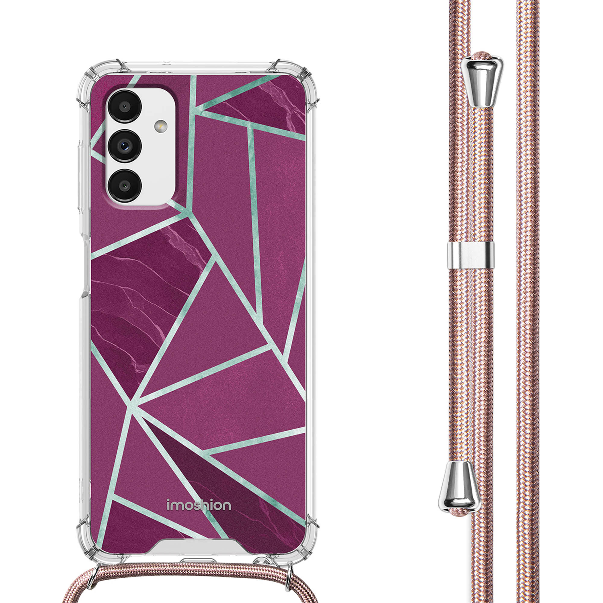 Coque de téléphone avec design géométrique et cordon rose. La coque a un dos transparent.