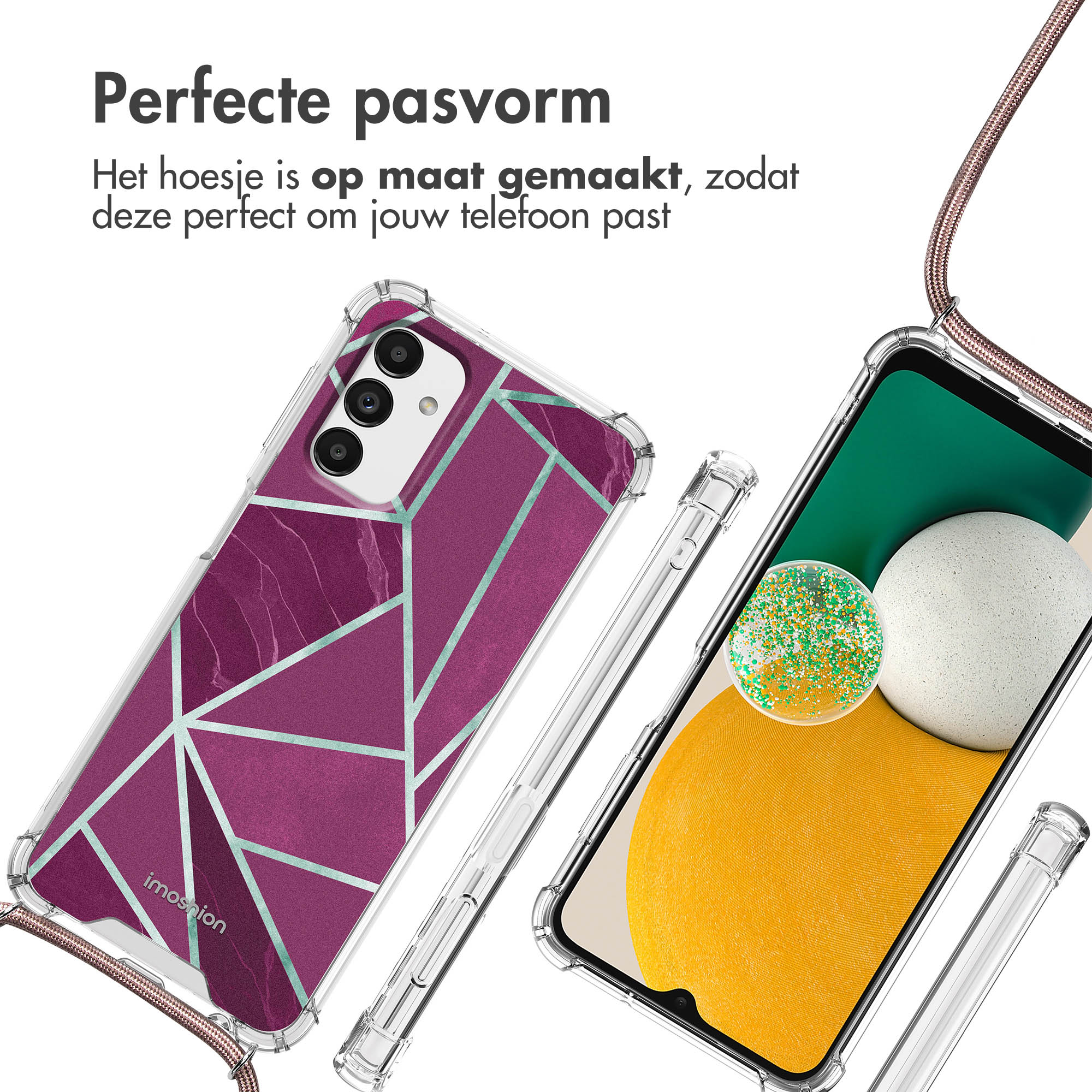 Coques de téléphone avec un design géométrique. Une coque est sur un téléphone, l'autre à côté.