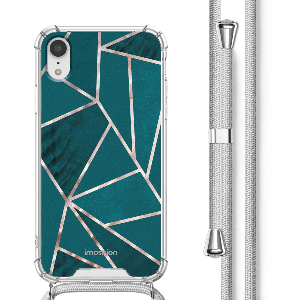 Telefoonhoesje met teal en gouden geometrisch ontwerp met een zilveren koord. Witte achtergrond.