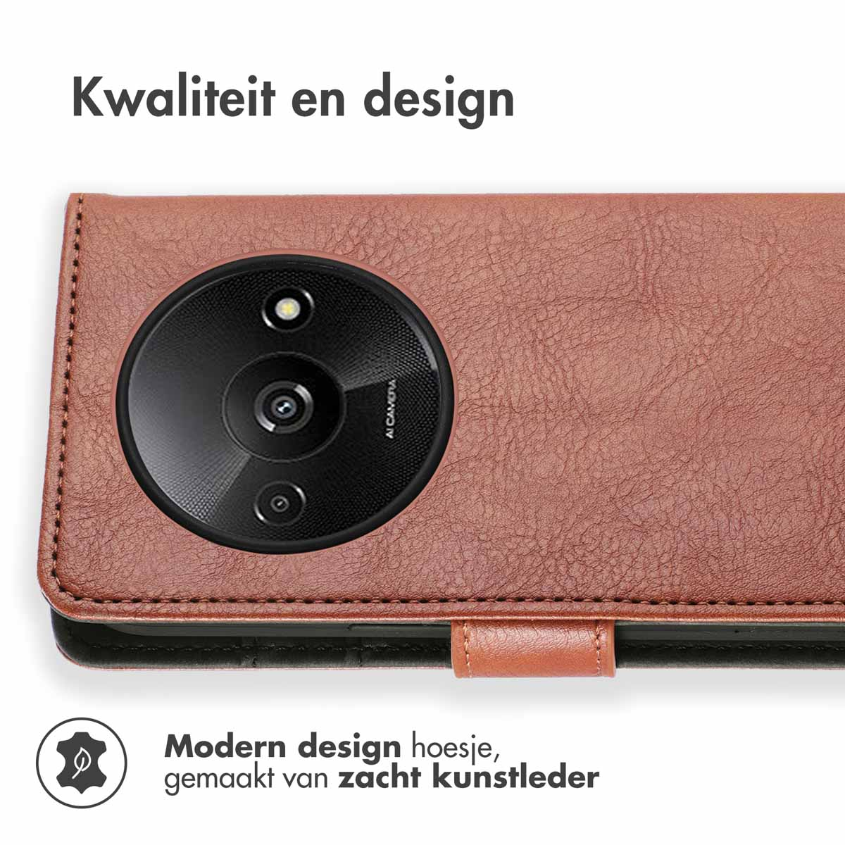 Een bruine telefoonhoes met een camera en de tekst: Kwaliteit en design.