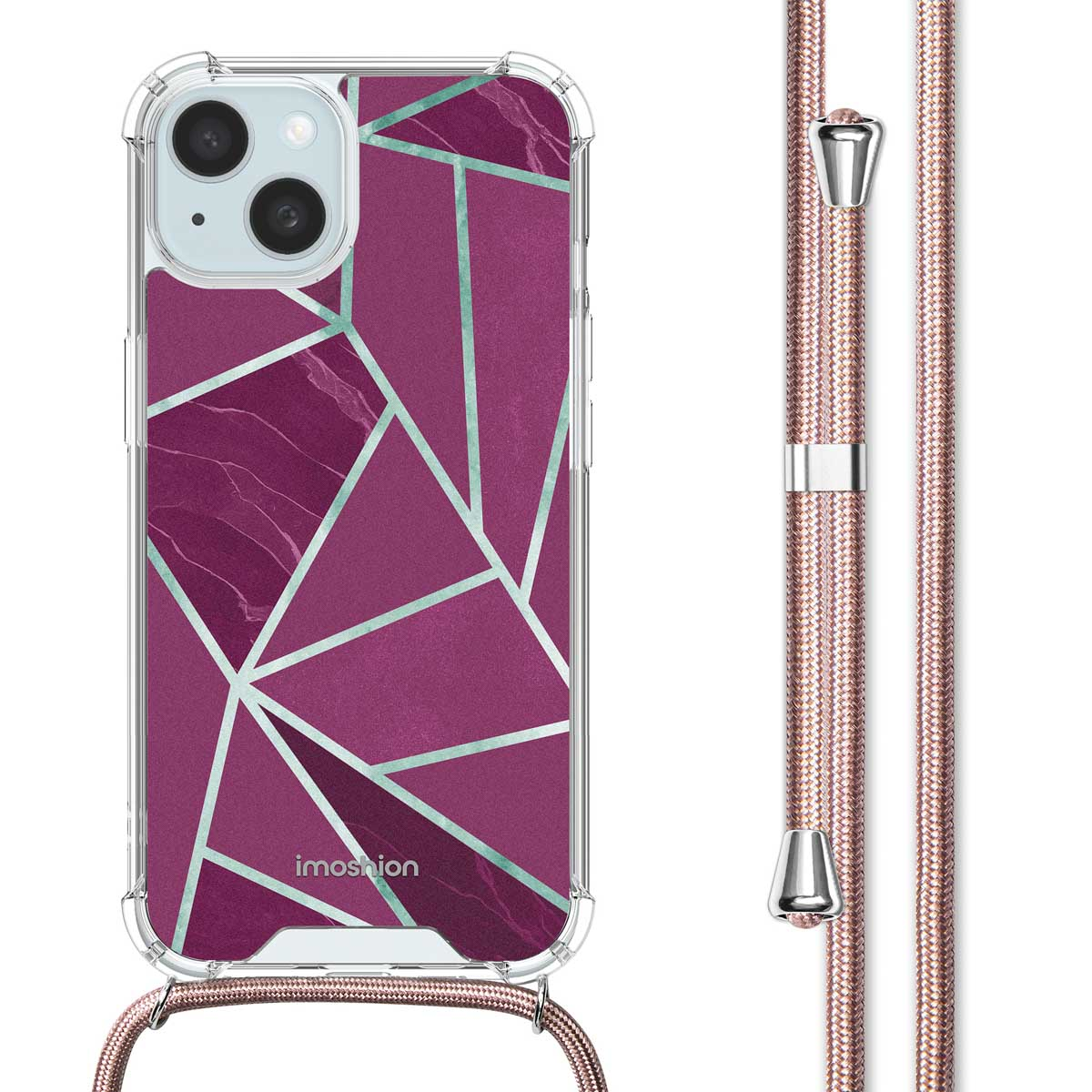 Telefoonhoesje met een roze geometrisch ontwerp en een bijpassend roze koord. Het heeft een transparant frame.