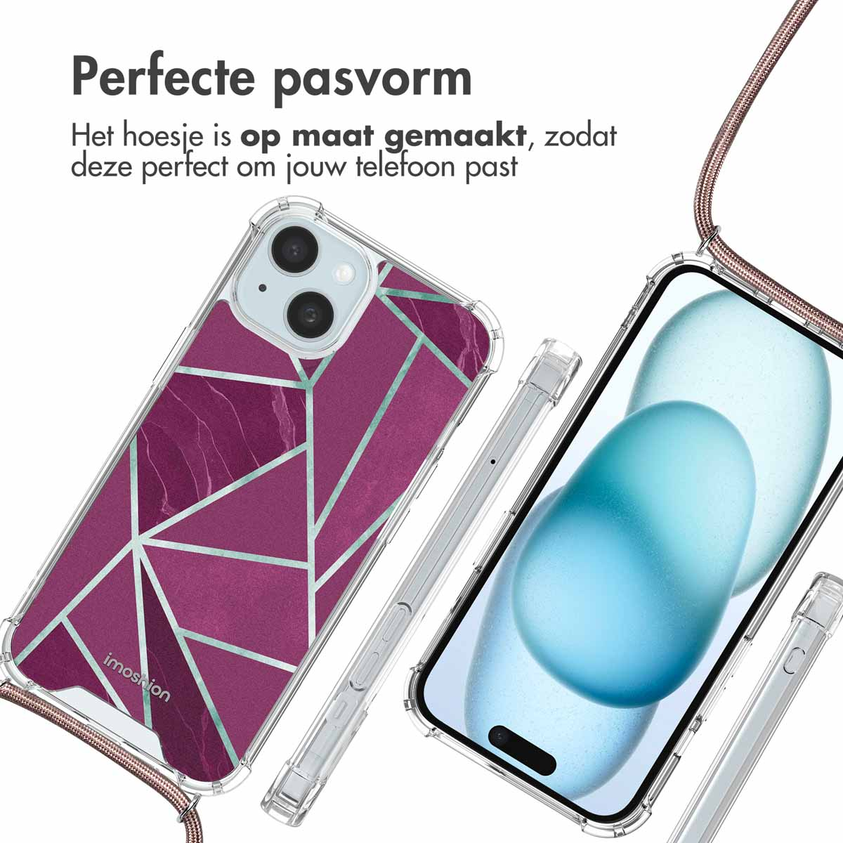 Twee telefoonhoesjes met een geometrisch ontwerp in paars en zilver. Twee telefoons en een koord.