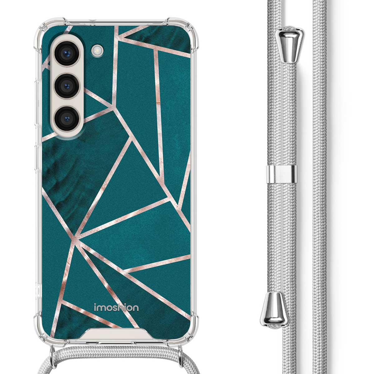 Telefoonhoes met een geometrisch patroon en een zilveren koord. De hoes heeft een doorzichtige achterkant.