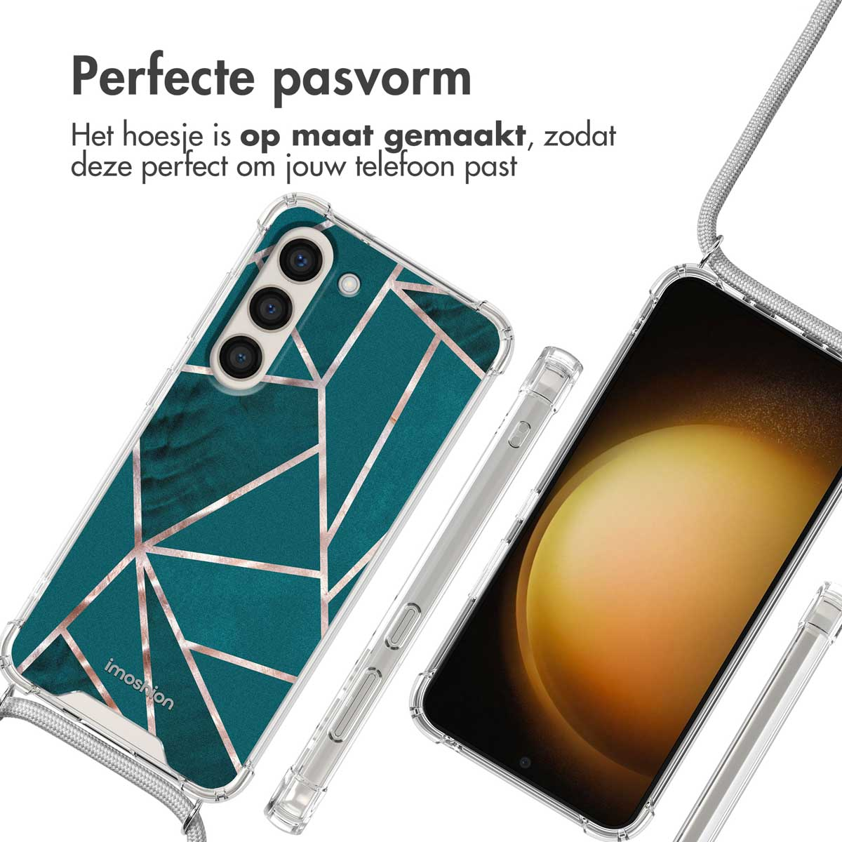 Telefoonhoesjes met geometrisch ontwerp. Eén hoesje zit op een telefoon, de ander ernaast.