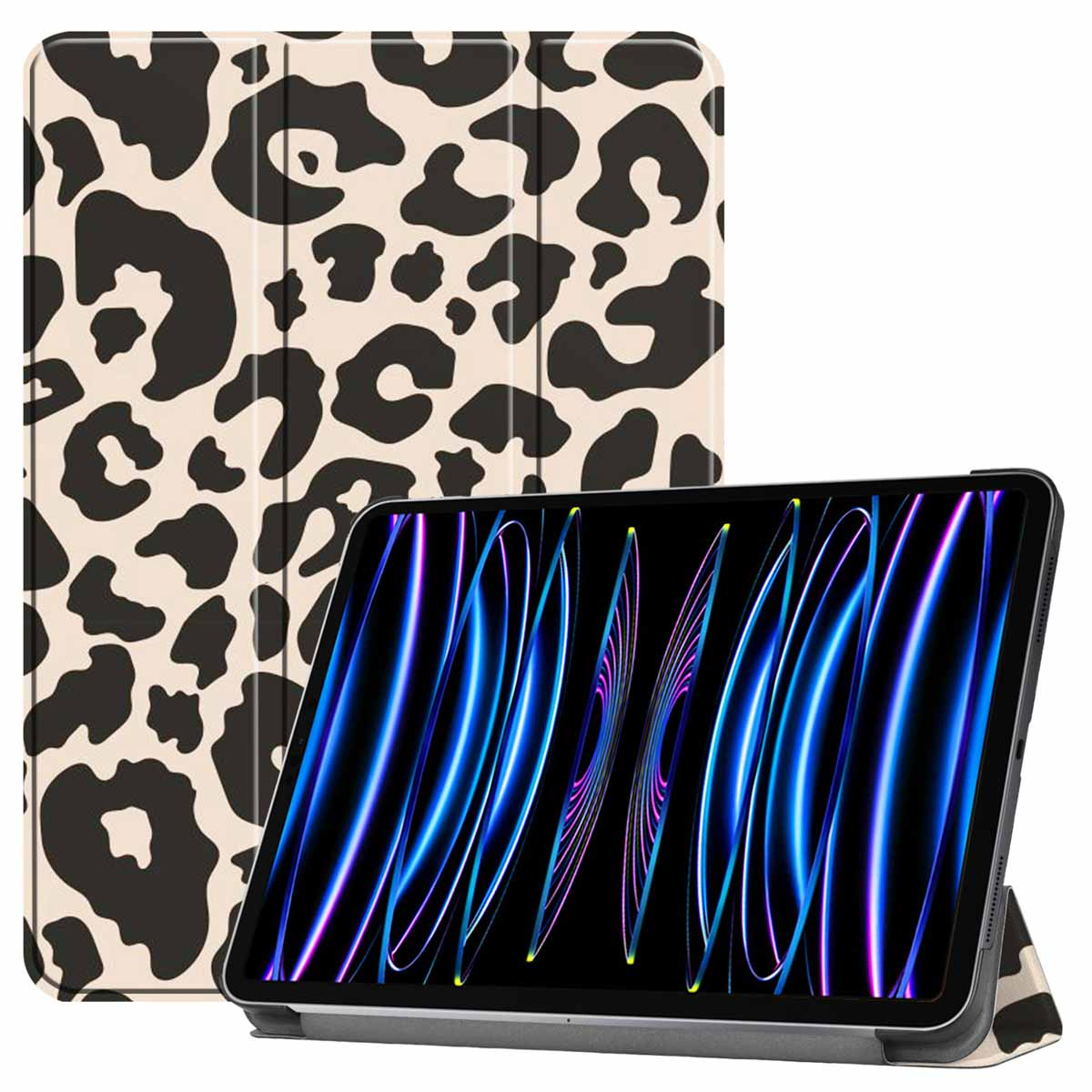 Tablet case with leopard print. The case covers the tablet and has a stand.