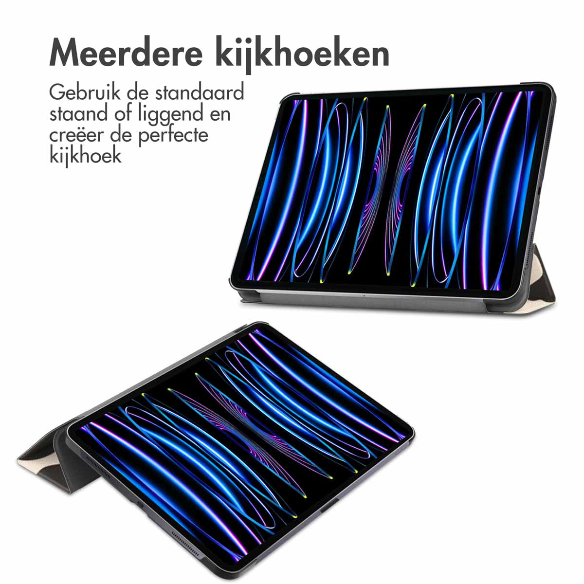 Two tablets, in cases, at different angles. The screens display colorful flowing lines on a black background.