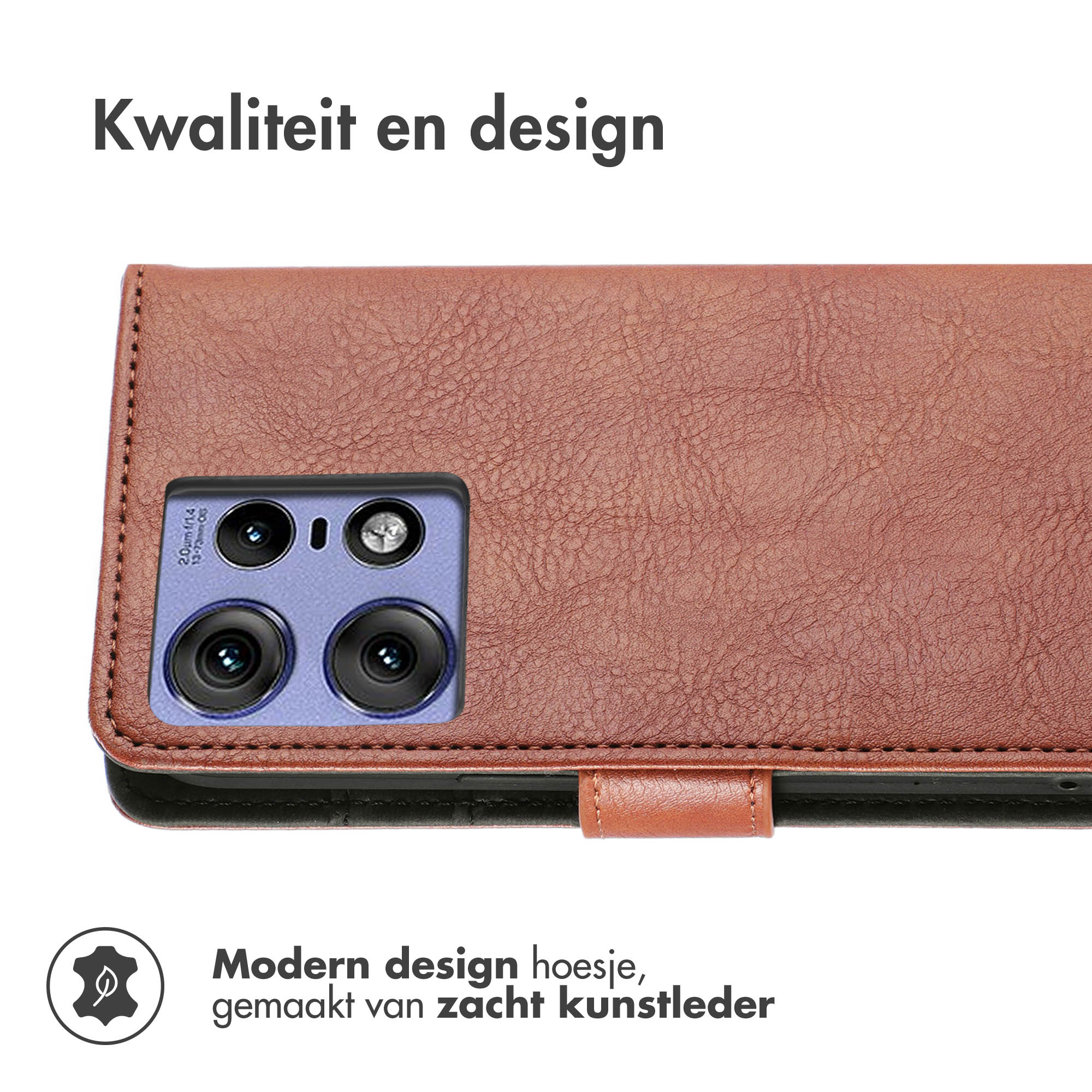 Coque de téléphone marron, fermée. Gros plan de la zone de la caméra. Texte : 'Qualité et design'.