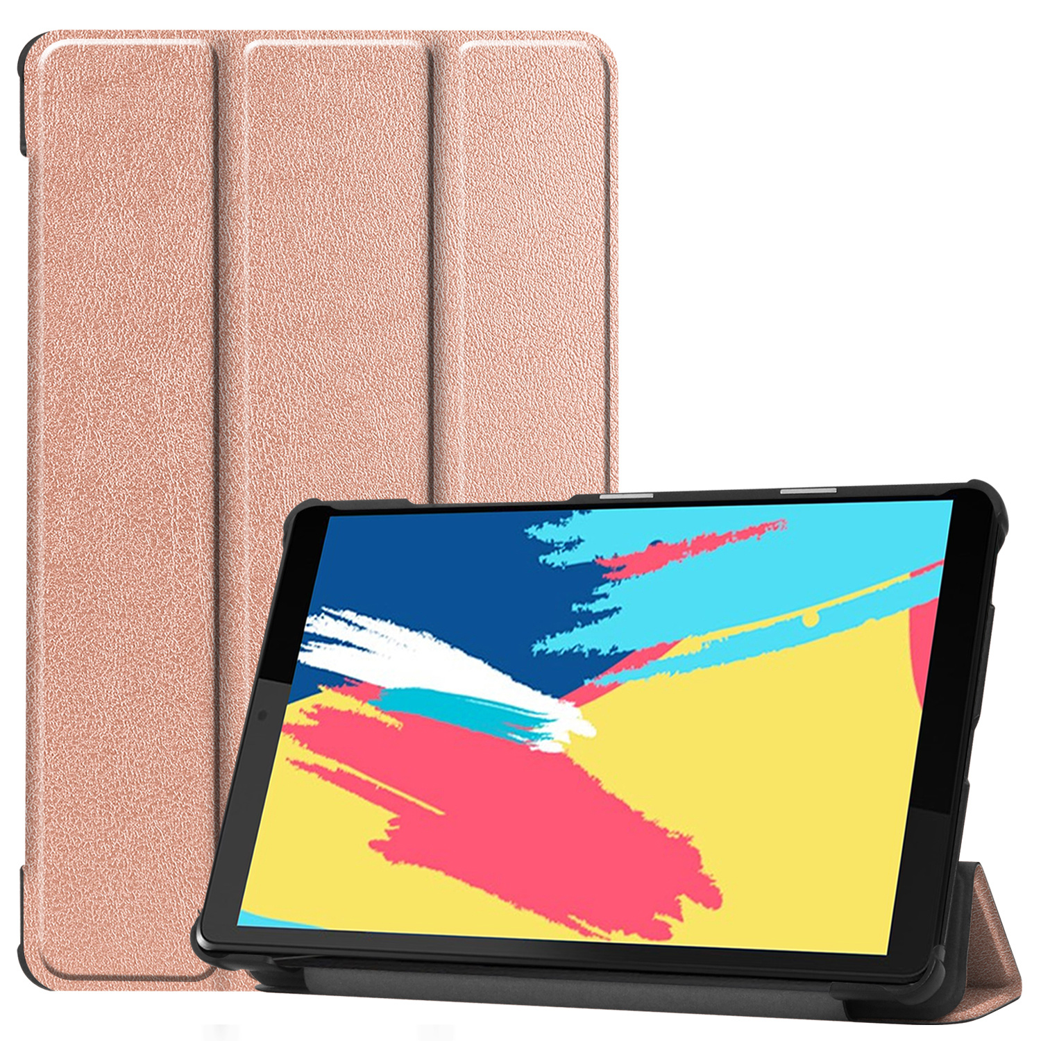 A rose gold tablet case and a tablet with a colorful background.
