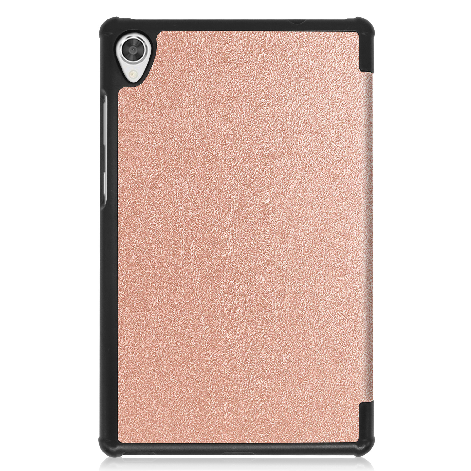 Rose gold tablet case. The case is closed, and the back is visible.