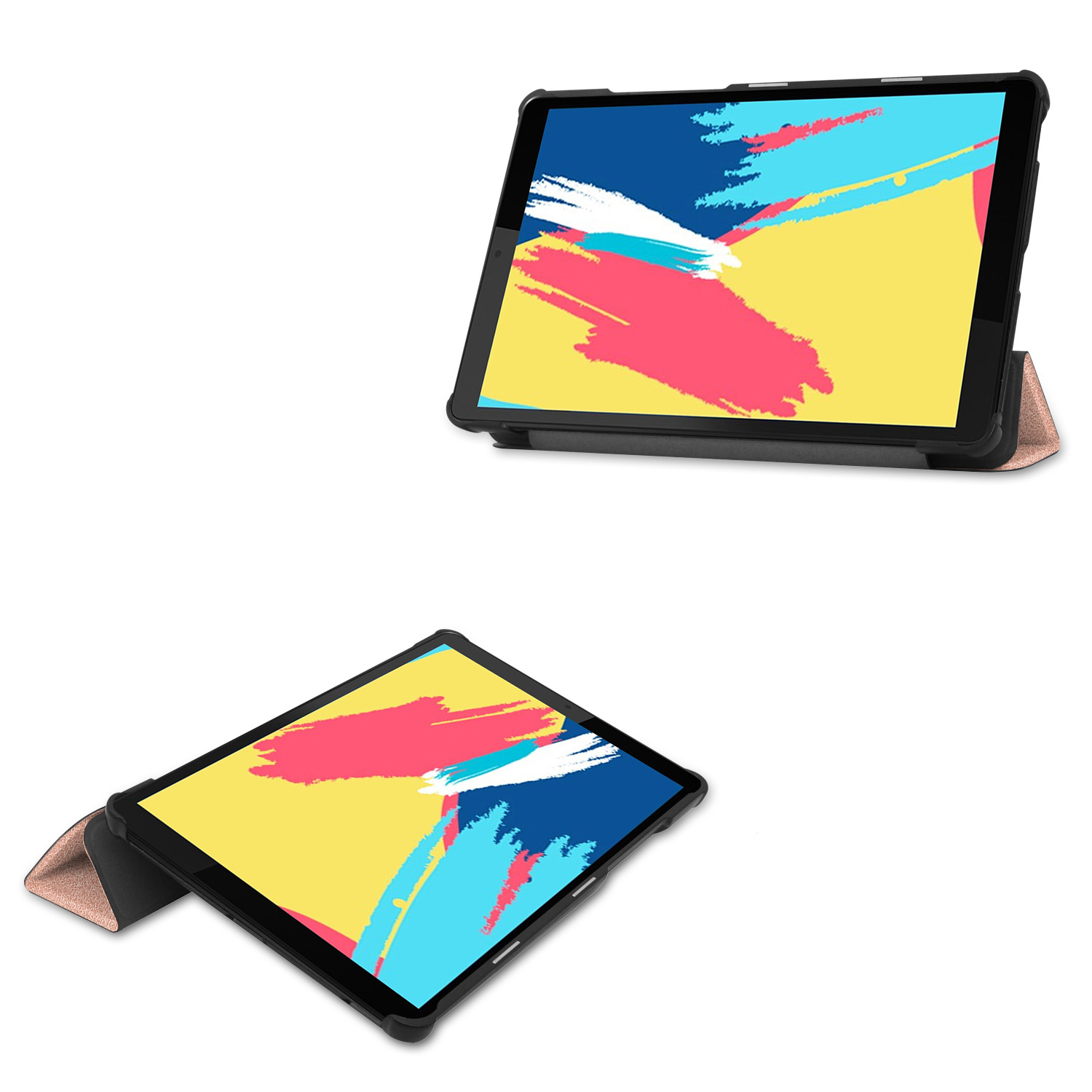 Two tablet cases with colorful abstract art on the screen. The cases are black and fold.