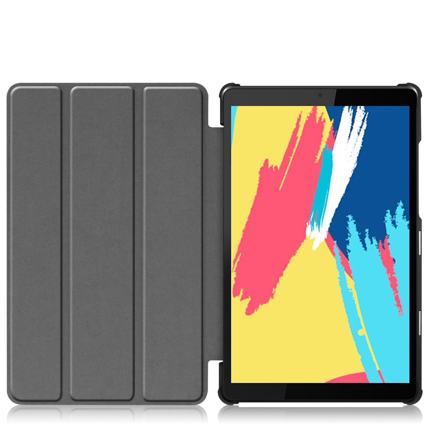 A tablet in a gray case, open to display a colorful abstract image on the screen.