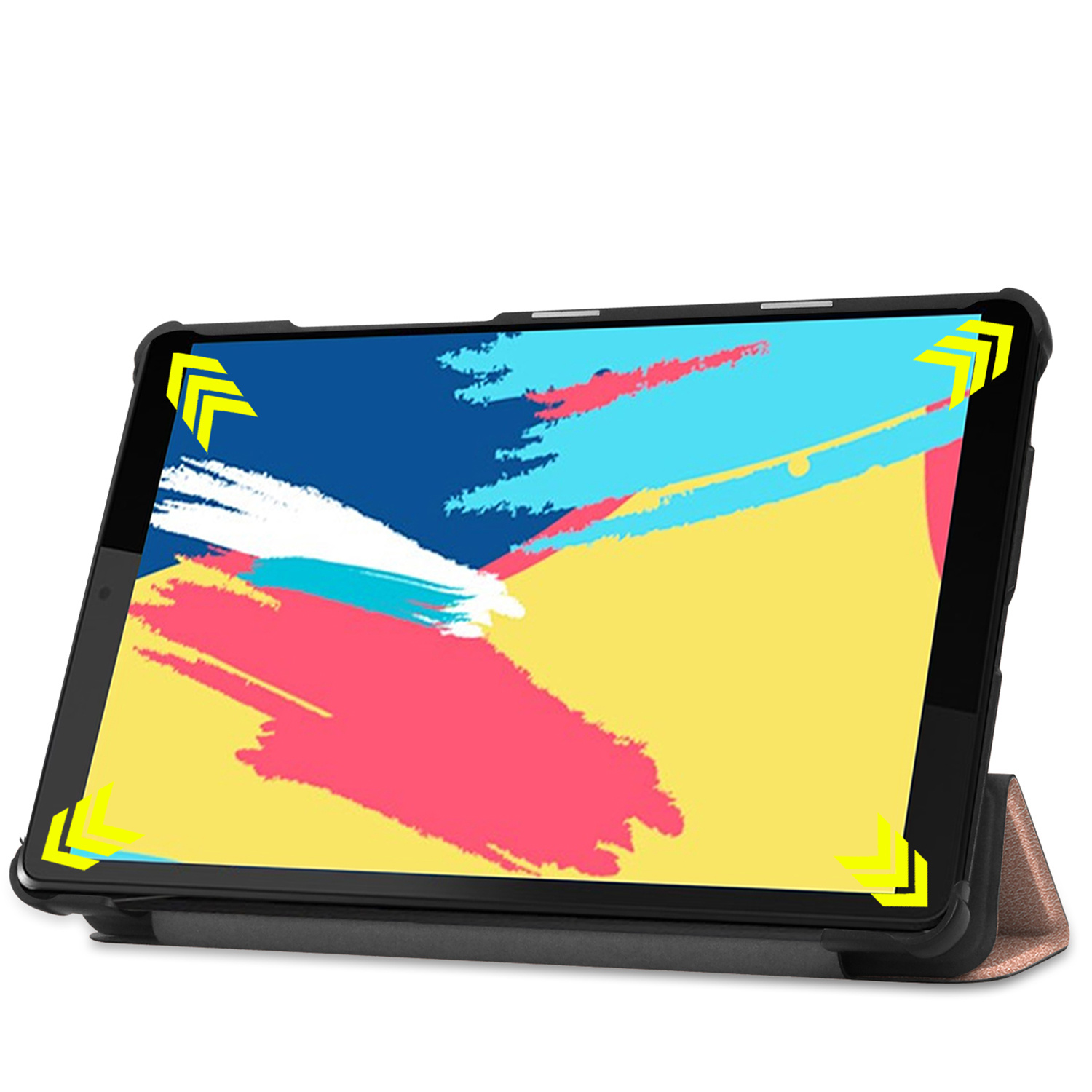 Tablet in a case, displaying a colorful abstract painting. The case is black and brown.