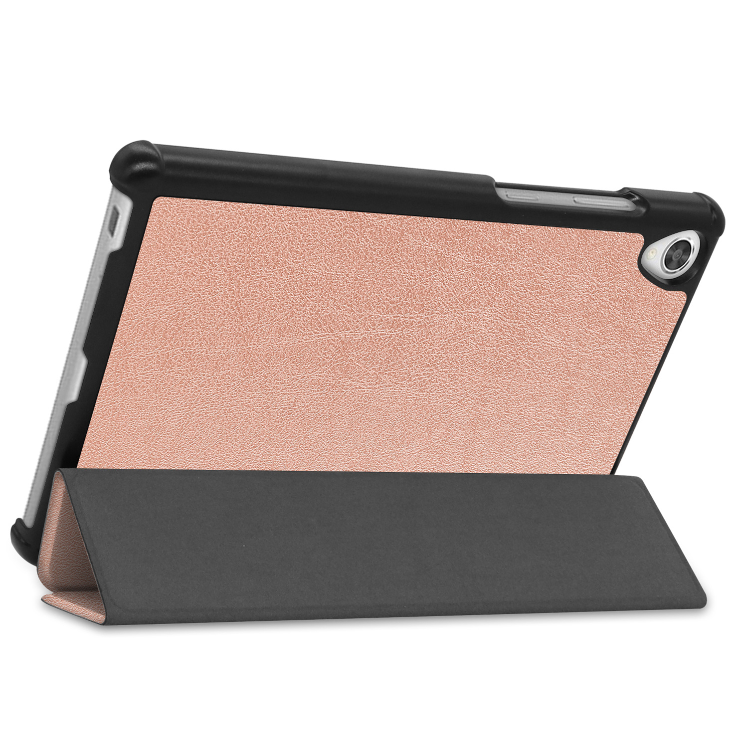 A tablet in a case that has a stand. The case is rose-gold.