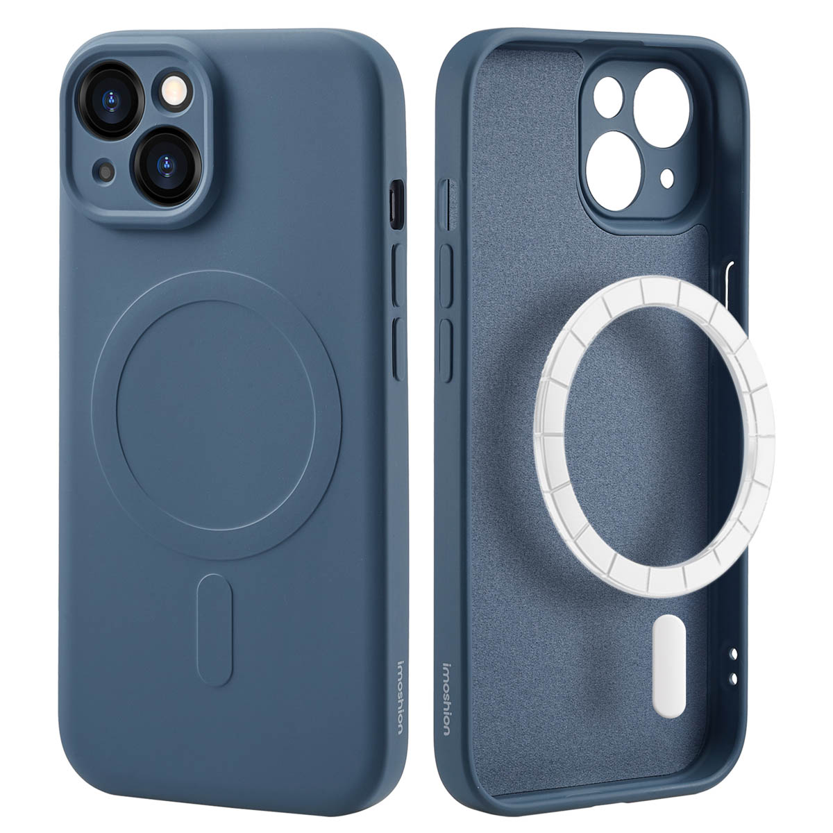 Two blue phone cases, one open. It has a MagSafe circle and a cutout for the charging port.
