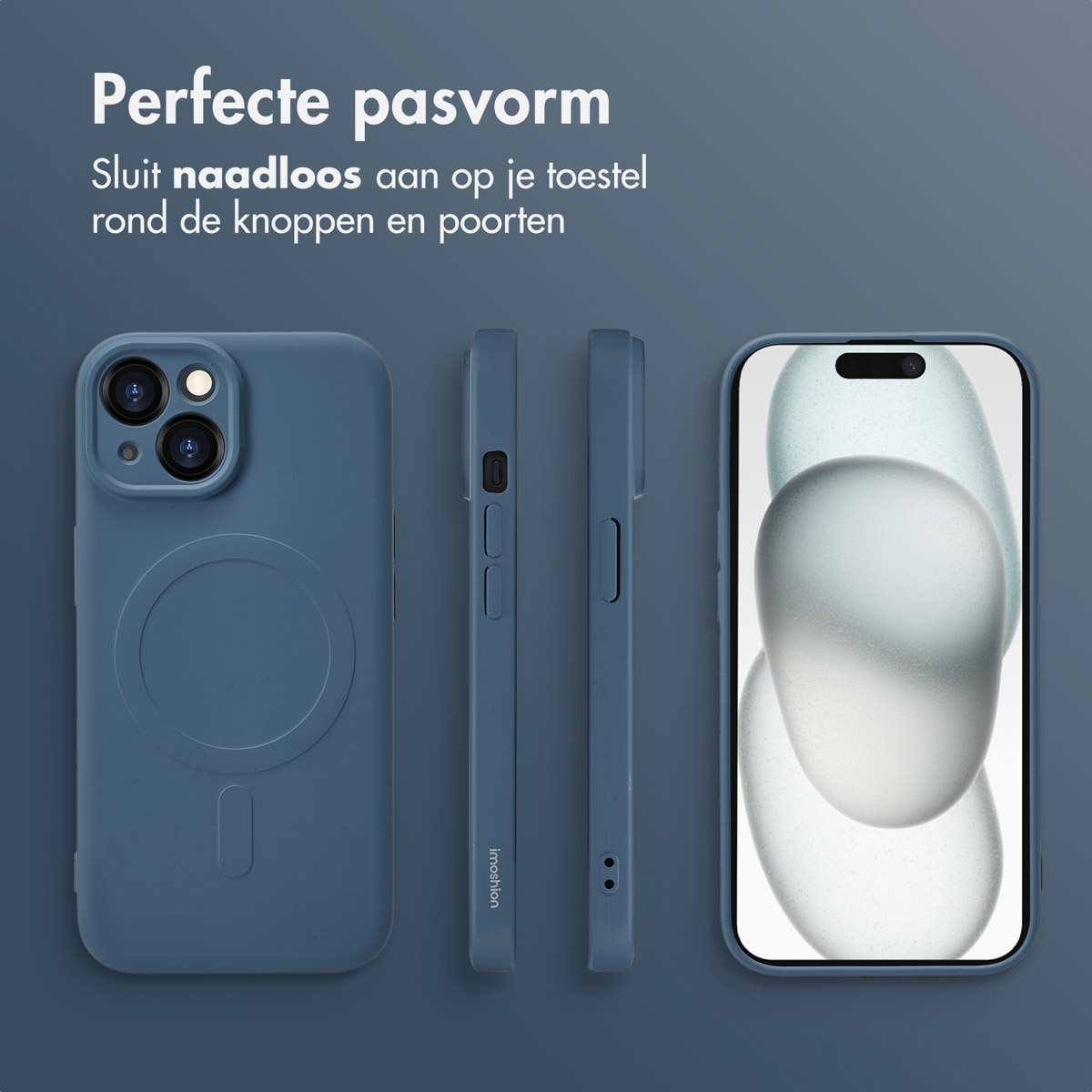 Three phone cases in different angles. Text: Perfect fit. It perfectly fits around buttons and ports.