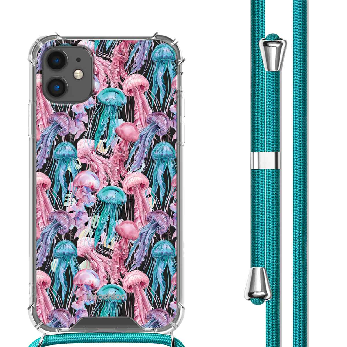 Coque de téléphone avec un motif de méduses. Un cordon turquoise est attaché à la coque.