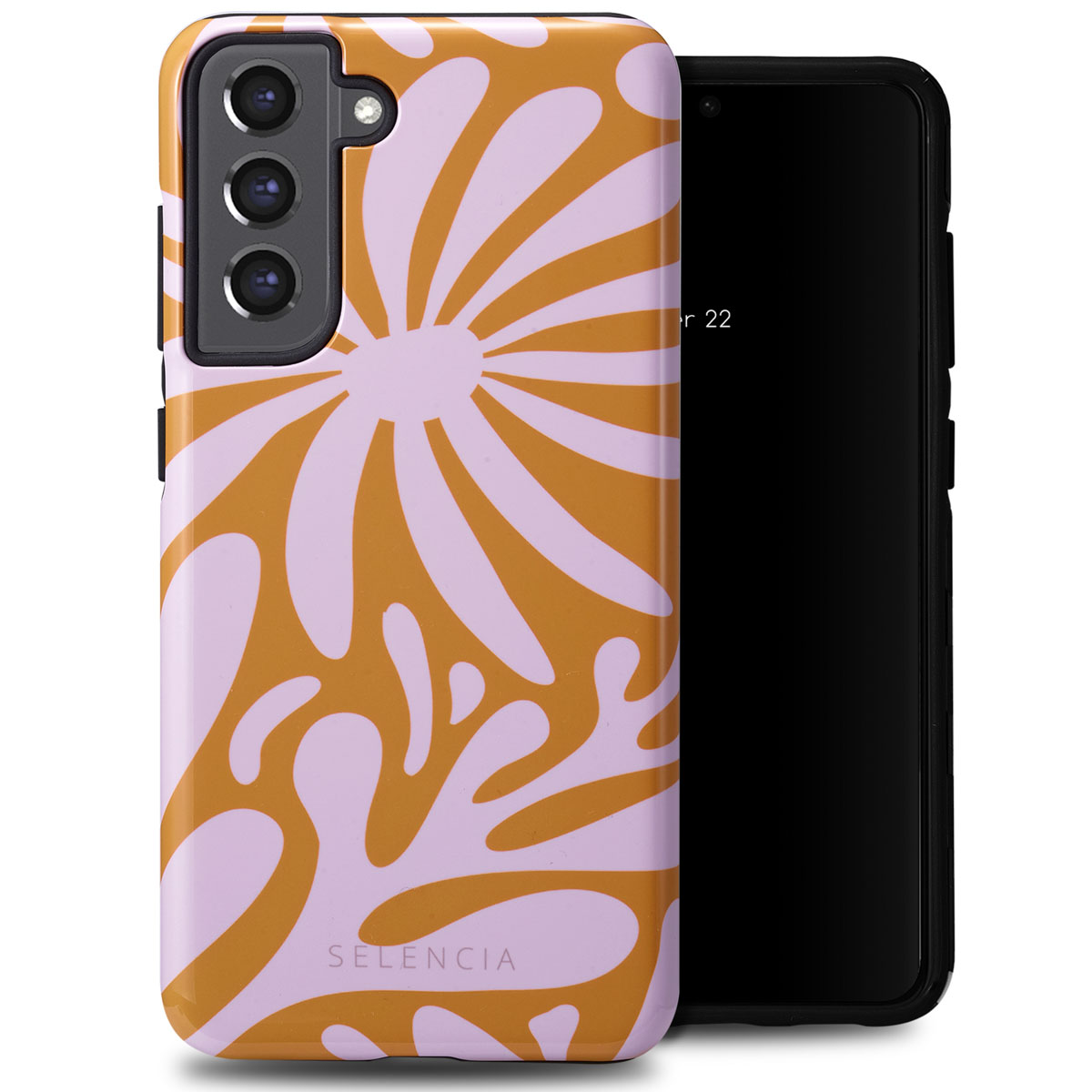 Custodia arancione con design astratto bianco e rosa. Il telefono è visibile.