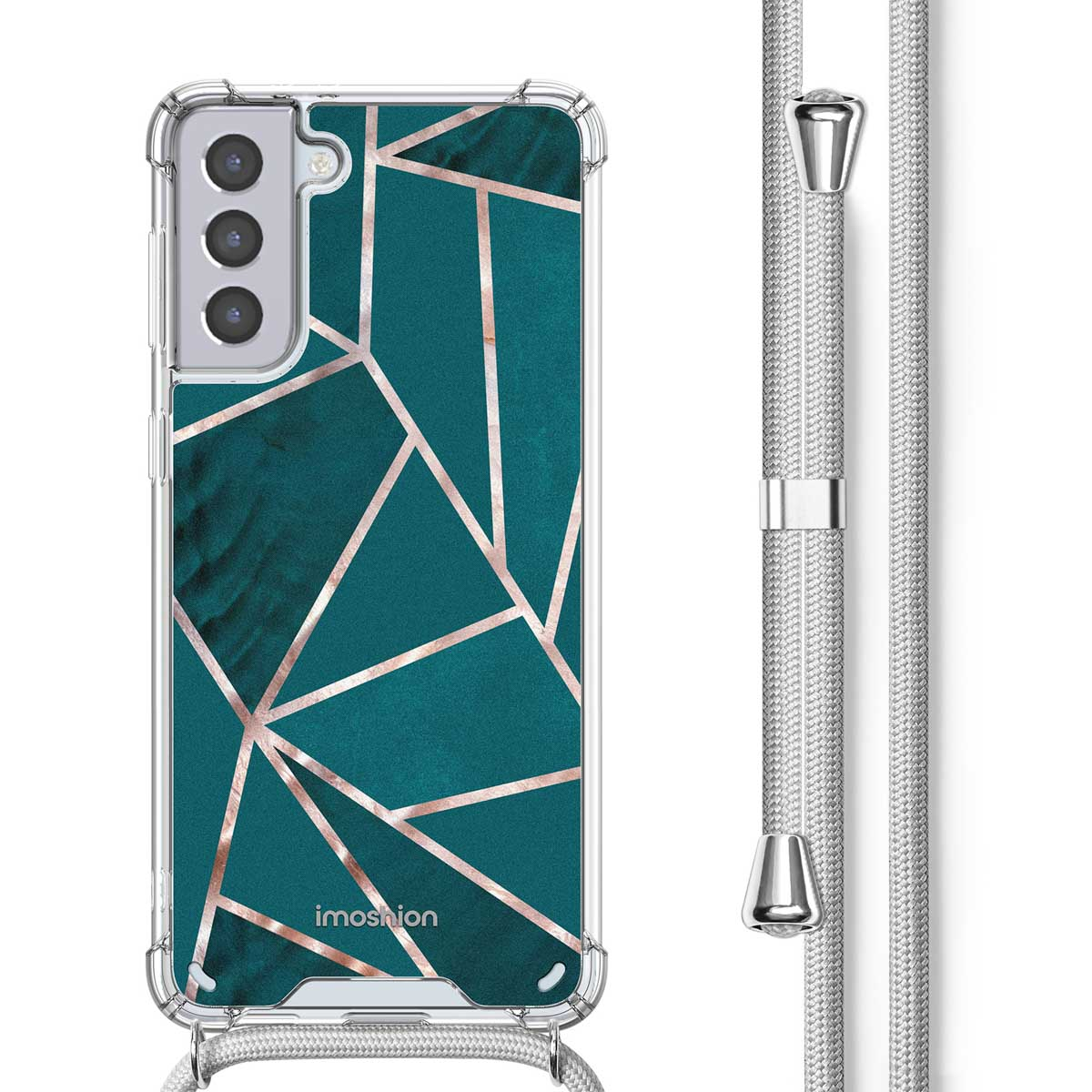 Een telefoonhoesje is transparant met een geometrisch teal en goud design. Er zit een zilveren koord aan.