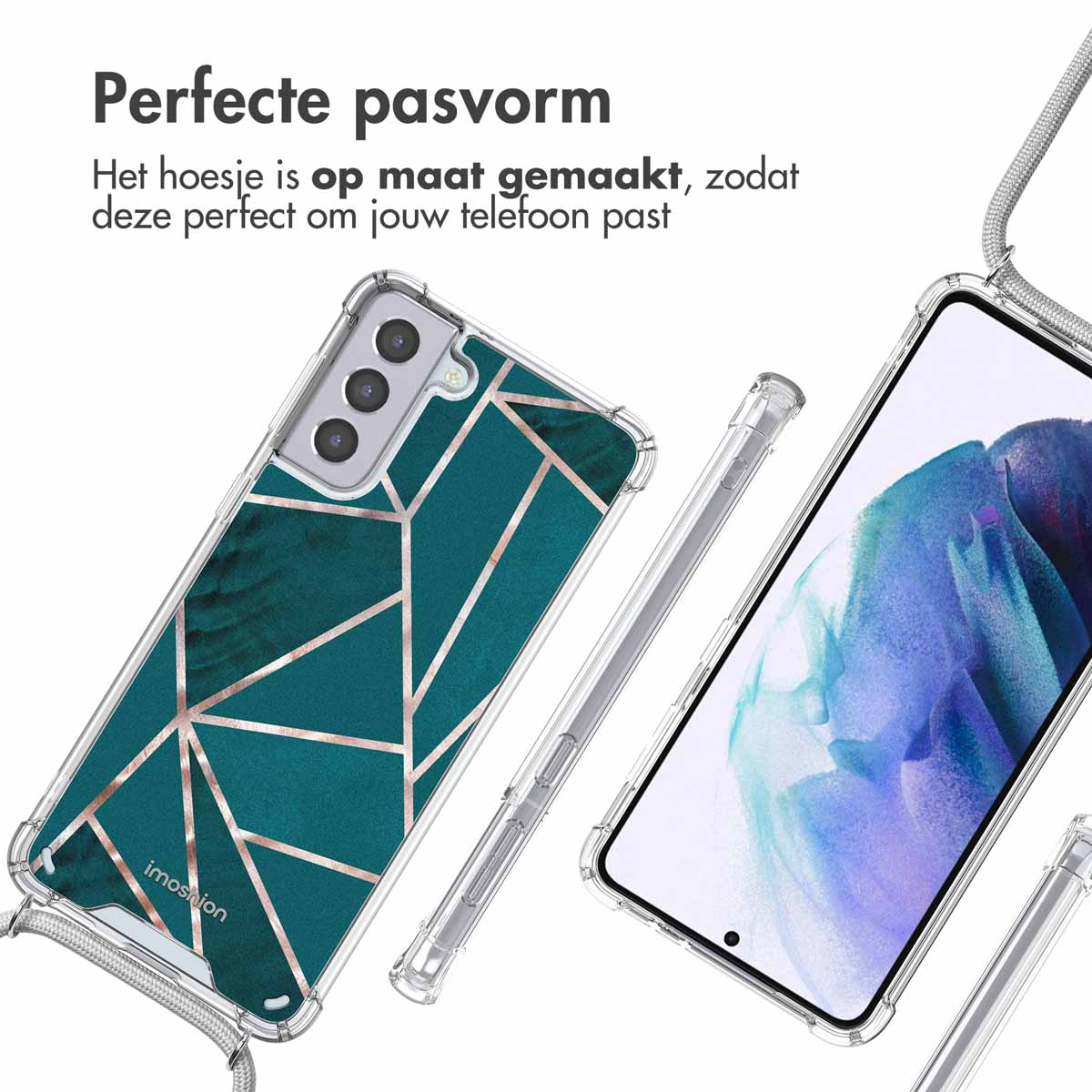 Transparant telefoonhoesje met een blauwgroen en goud geometrisch patroon. Telefoon met koord rechts.