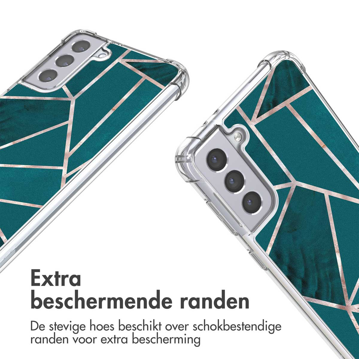 Transparante telefoonhoesjes met geometrisch design. De tekst luidt: Extra beschermende randen.