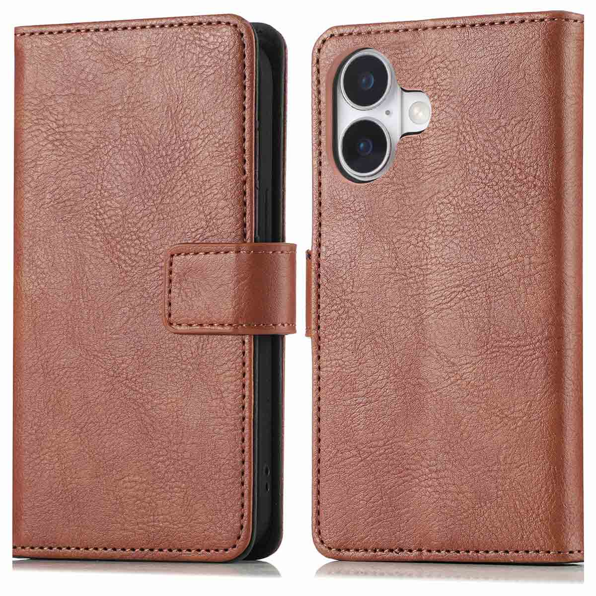 Deux étuis de téléphone marron. Un ouvert, montrant l'intérieur. L'autre fermé.