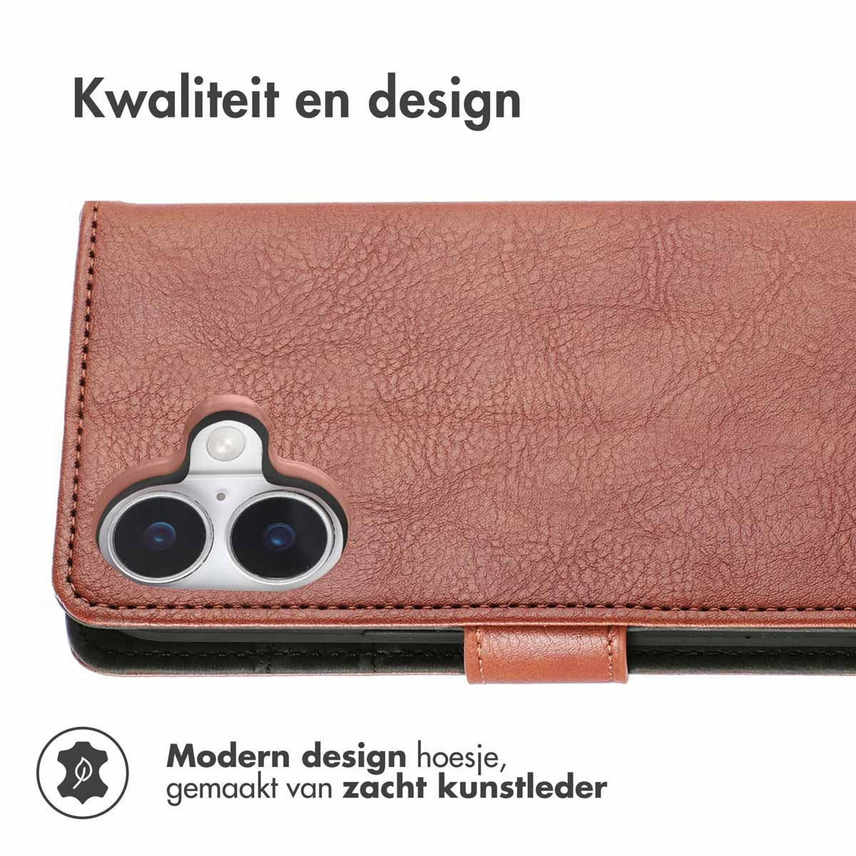 Un étui de téléphone marron avec du texte qui dit : design moderne, en cuir souple.