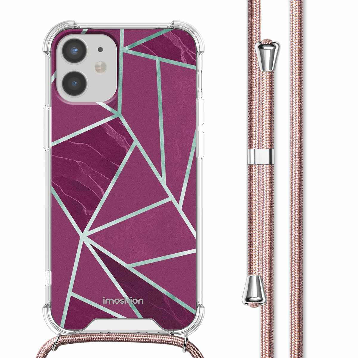 Une coque de téléphone avec un motif géométrique rose et un cordon rose assorti. La coque est transparente.